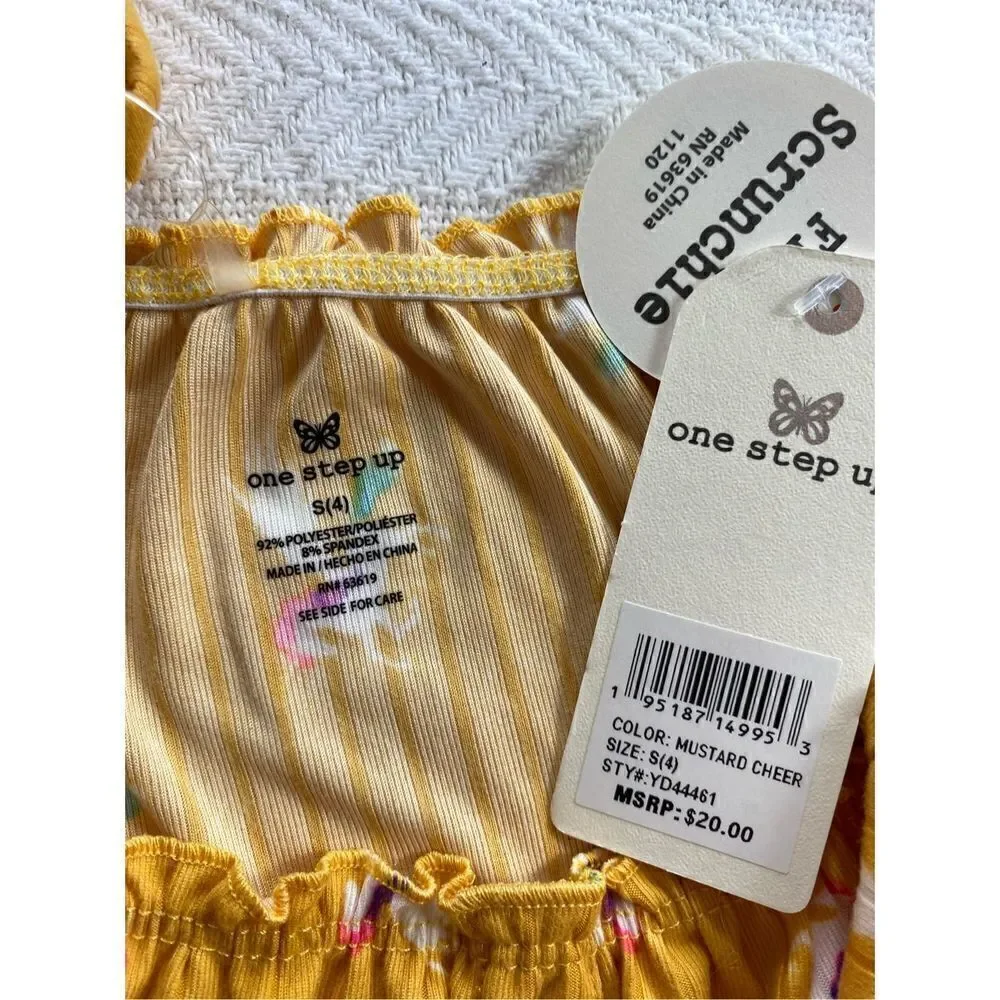 ONE STEP UP Girl’s Small (4) Mustard/Unicorn Top with Matching Scrunchie